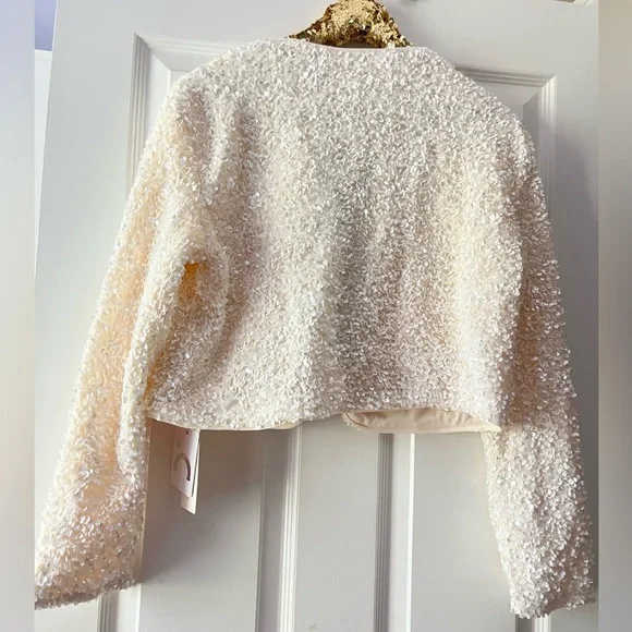 NWT Commense Cream Sequin Black Ribbon Bow Cardigan Jacket - Picture 5 of 14